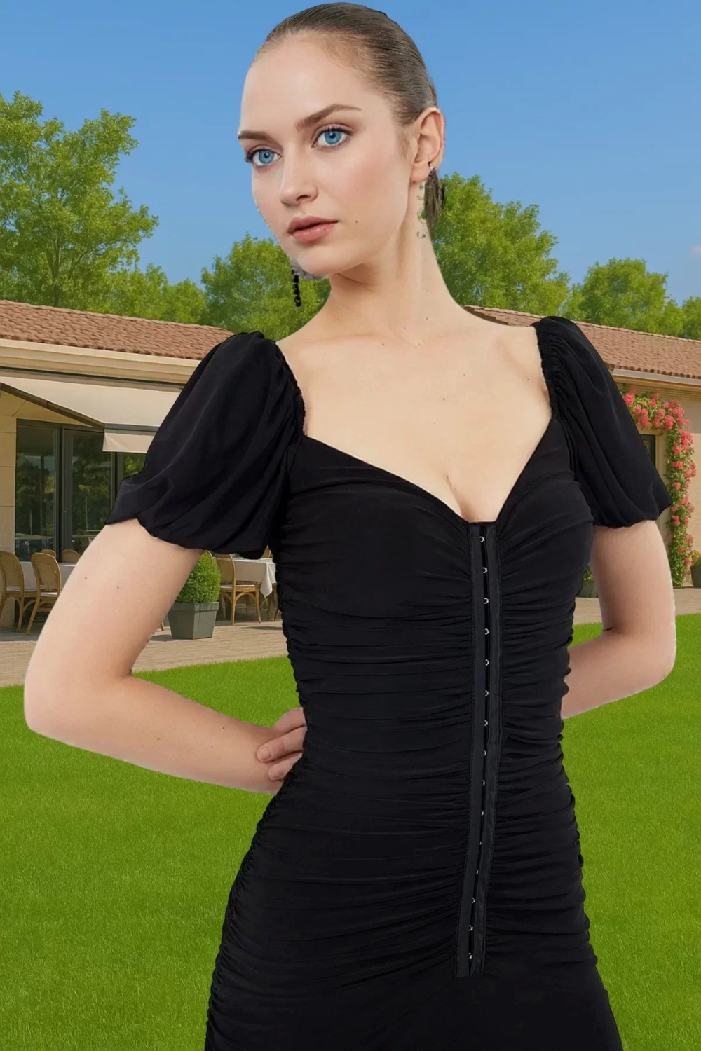 Feminen Midi Örme Elbise Kalp Yaka Agraflı Büzgü Detaylı Profesyonel Görünüm Özel Tasarım
