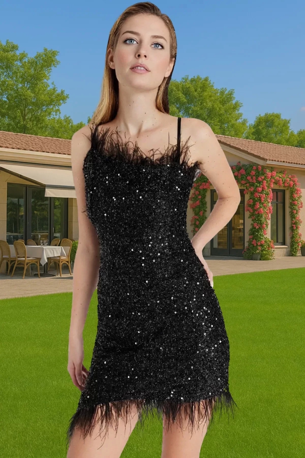 Siyah Örme Payetli Mini Abiye Elbise Otriş Detaylı Mezuniyet Özenle Seçilmiş Modern Stil Modern Stil