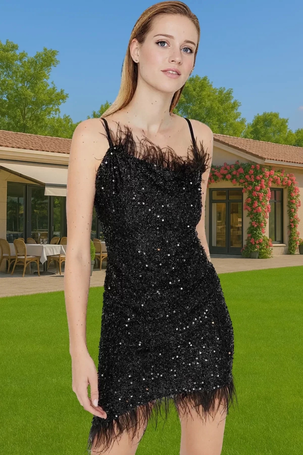 Siyah Örme Payetli Mini Abiye Elbise Otriş Detaylı Mezuniyet Özenle Seçilmiş Modern Stil Modern Stil