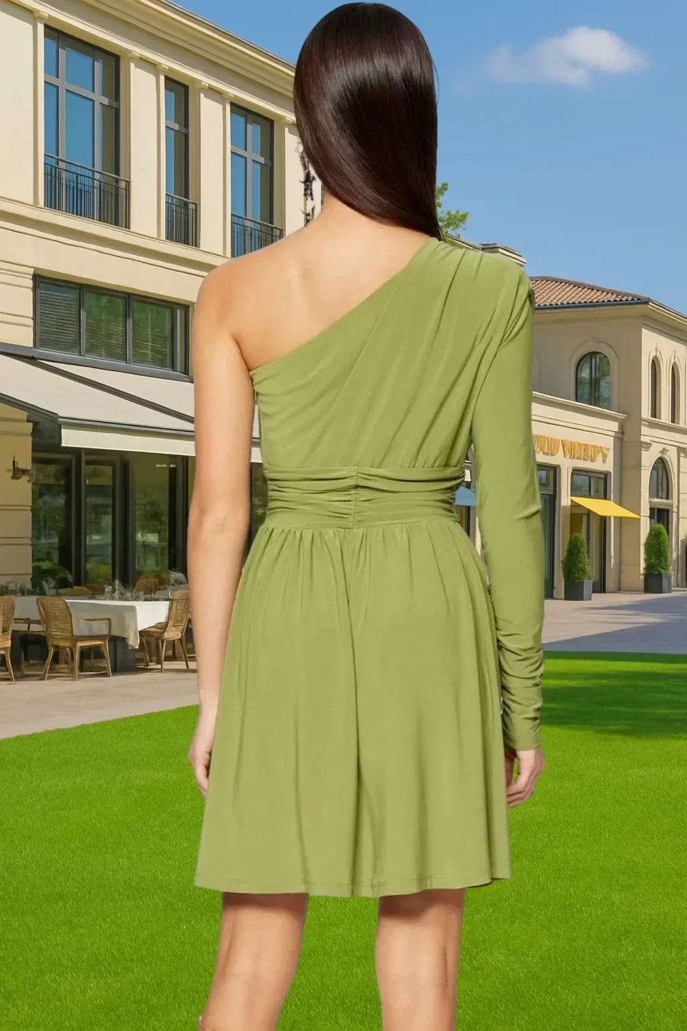 Asimetrik Yaka Tek Kol Uzun Kollu Örme Mini Elbise Polyester Yazlık Uzun Ömürlü Özel Tasarım