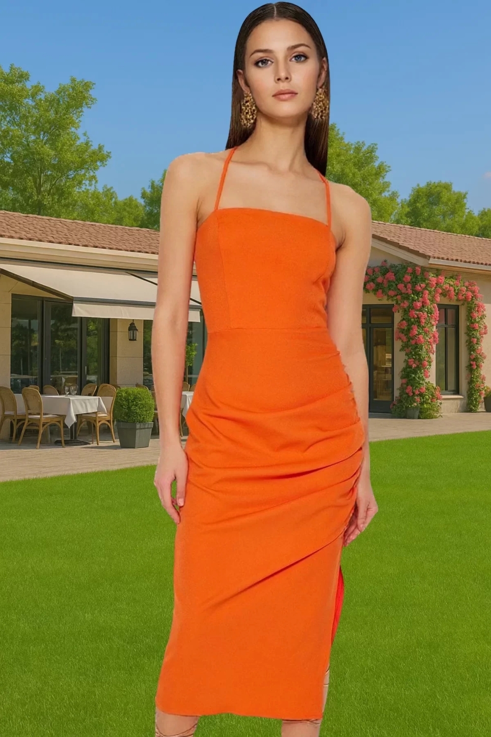 Zarif Bodycon Midi Abiye Elbise Polyester Elastan Dokuma Kumaş Seçkin Malzeme Rahat Kullanım