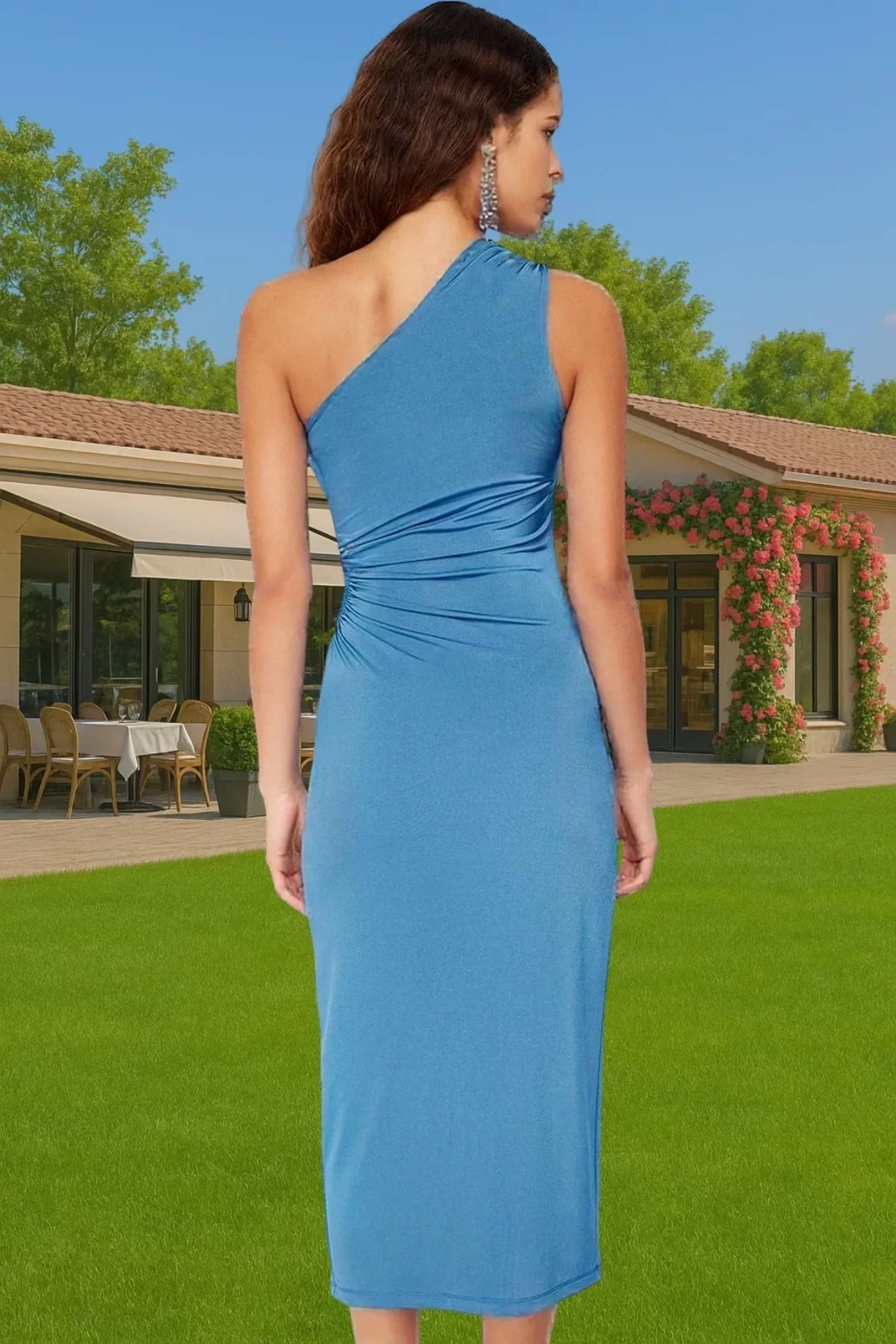 Şık Tek Omuz Midi Abiye Elbise Cut Out Detayı ile Polyester Kumaş Özel Tasarım Özel Tasarım