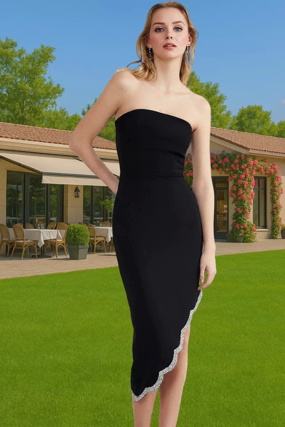 Straplez Taş Detaylı Bodycon Midi Abiye Elbise Premium Kalite Dayanıklı Malzeme Özenle Seçilmiş