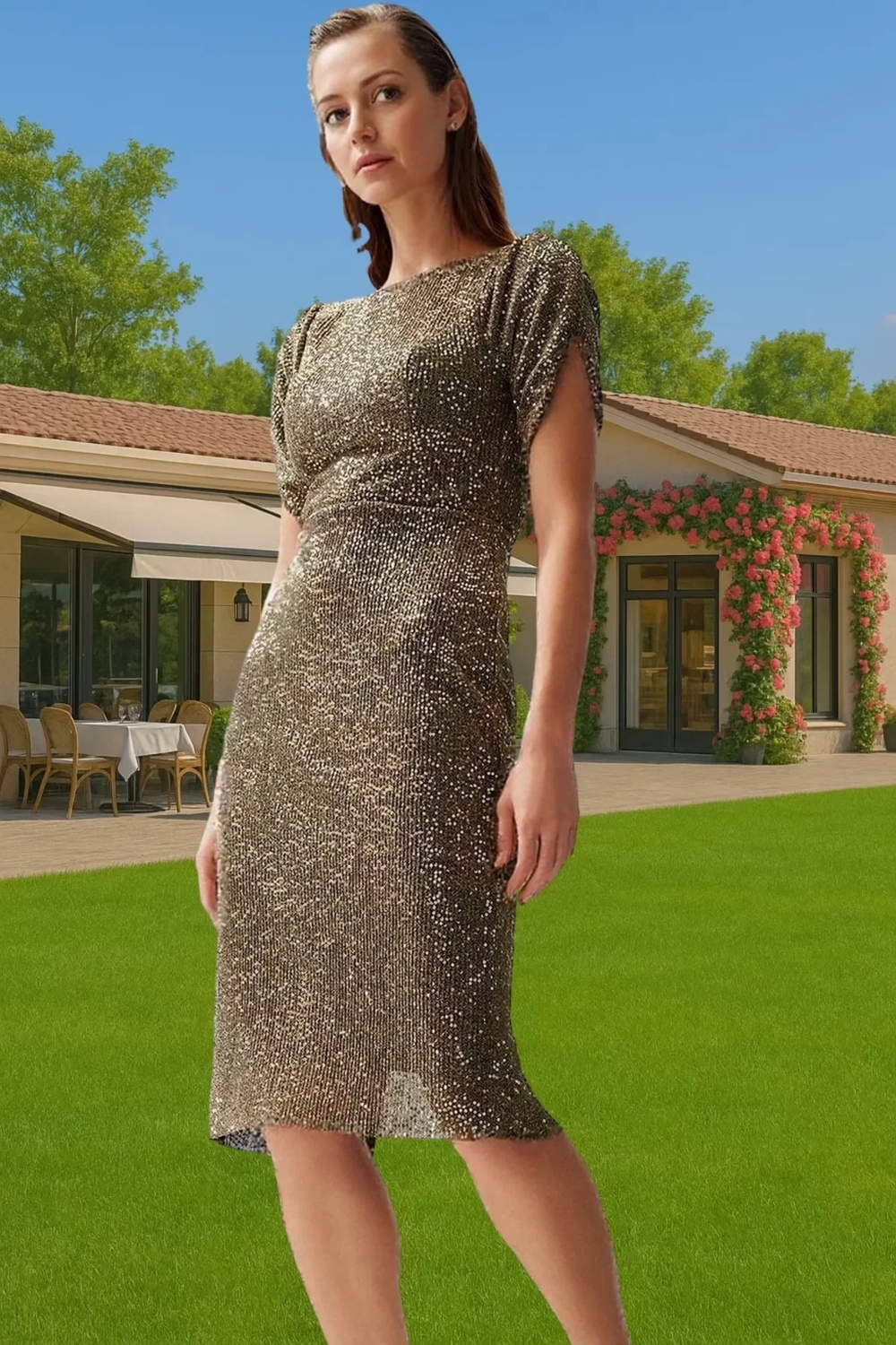 Şık Bodycon Abiye Elbise Payet İşlemeli Polyester Karışımlı Midi Boy Seçkin Malzeme