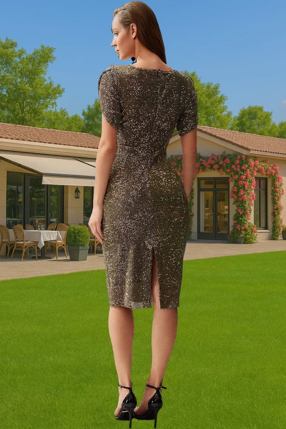 Şık Bodycon Abiye Elbise Payet İşlemeli Polyester Karışımlı Midi Boy Seçkin Malzeme