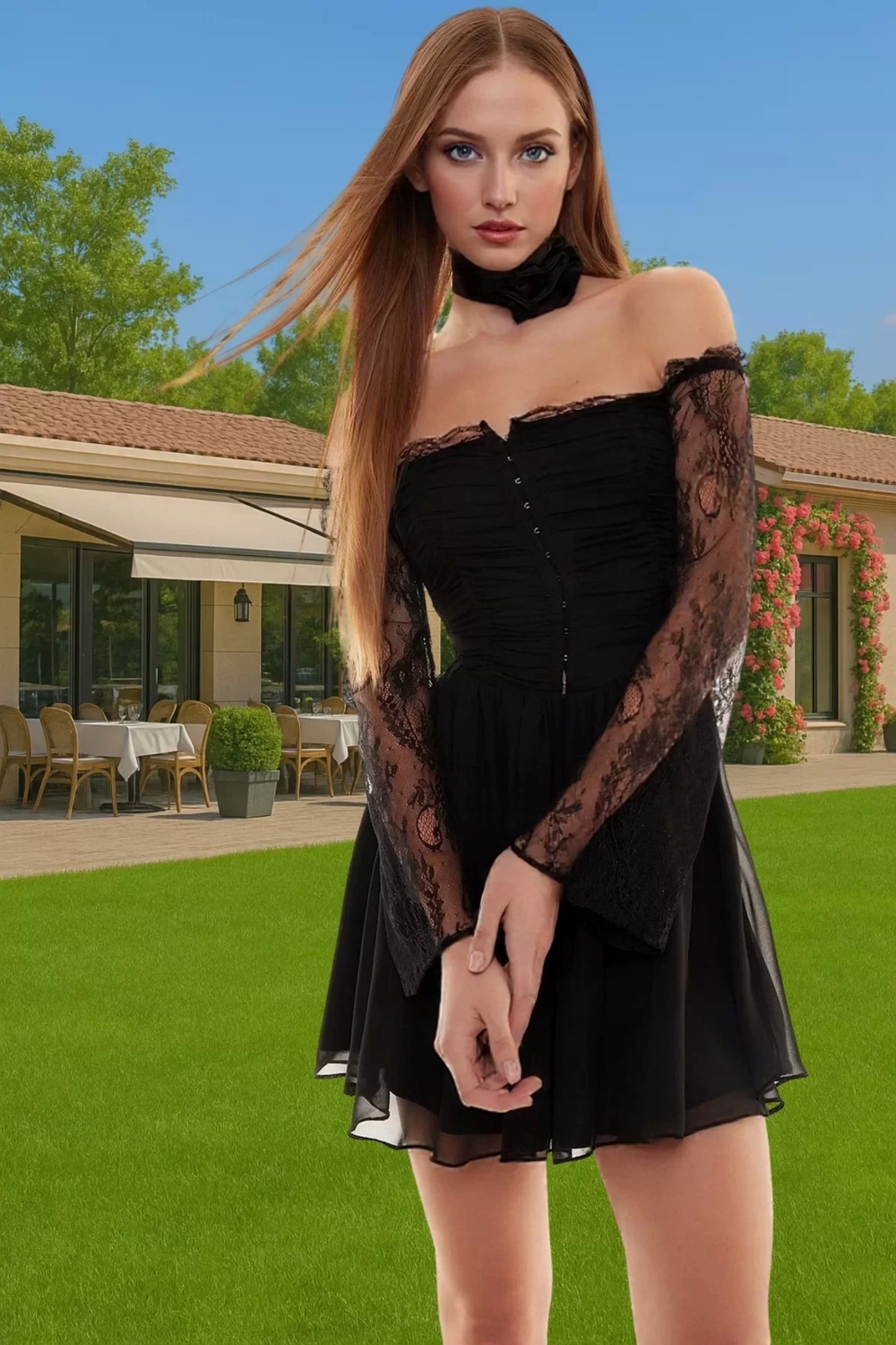 Astarlı Şifon Mini Elbise Dantel Detaylı Carmen Yaka Agraflı Rahat Kullanım Konforlu Kesim