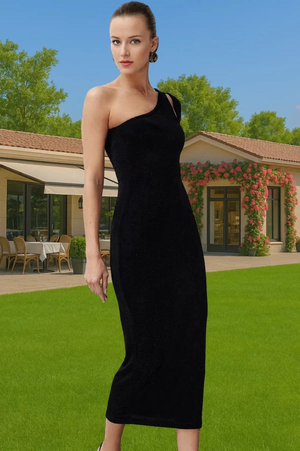 Şık Parıltılı Simli Bodycon Elbise Asimetrik Yaka Tasarım Modern Stil Şık Görünüm Modern Stil