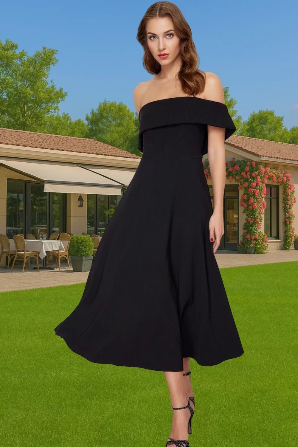 Şık Carmen Yaka A Kesim Midi Abiye Elbise Polyester Elastan Rahat Kullanım Dayanıklı Malzeme