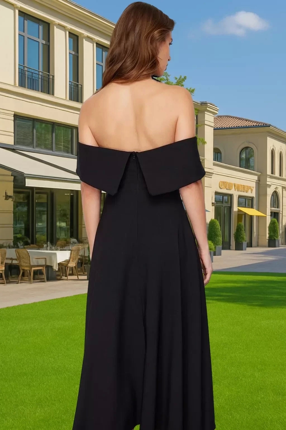 Şık Carmen Yaka A Kesim Midi Abiye Elbise Polyester Elastan Rahat Kullanım Dayanıklı Malzeme
