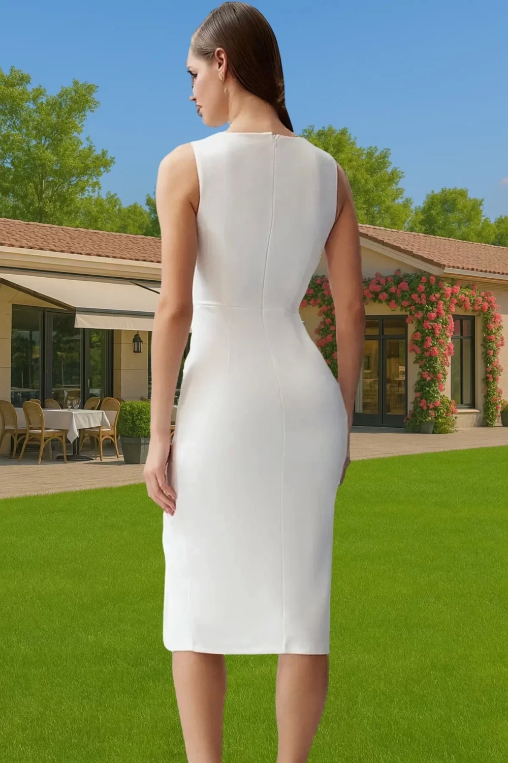 Şık Bodycon Finike Dokuma Elbise Kolsuz Bisiklet Yaka Yüksek Kalite Profesyonel Görünüm