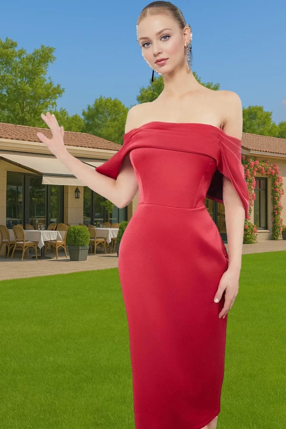 Bodycon Kalıp Kısa Kollu Saten Abiye Elbise Carmen Yaka Tasarım Özel Davetler İçin Özenle Seçilmiş