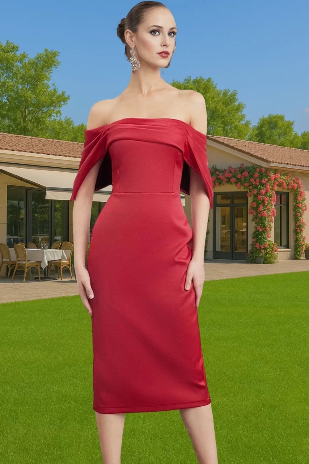 Bodycon Kalıp Kısa Kollu Saten Abiye Elbise Carmen Yaka Tasarım Özel Davetler İçin Özenle Seçilmiş
