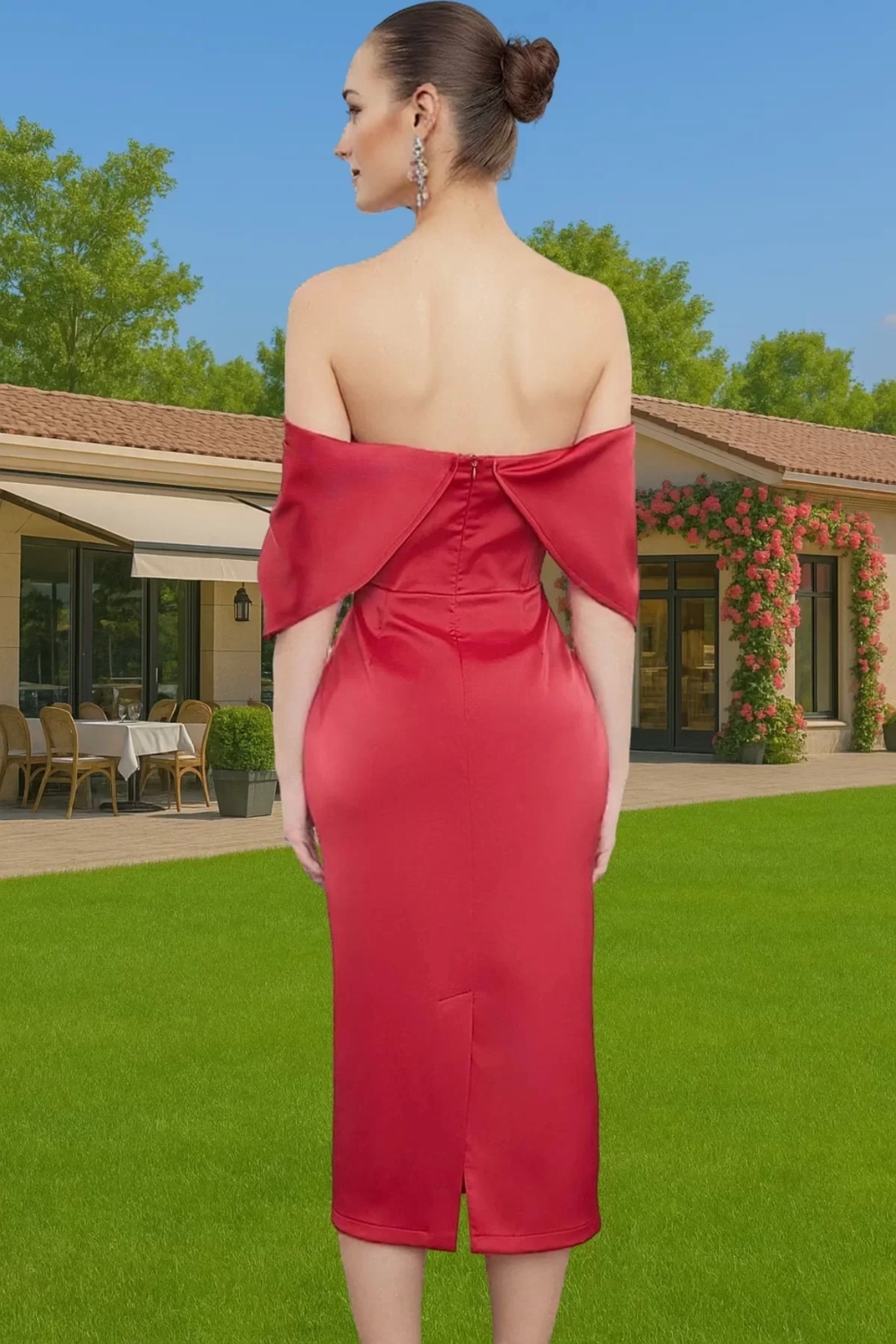 Bodycon Kalıp Kısa Kollu Saten Abiye Elbise Carmen Yaka Tasarım Özel Davetler İçin Özenle Seçilmiş