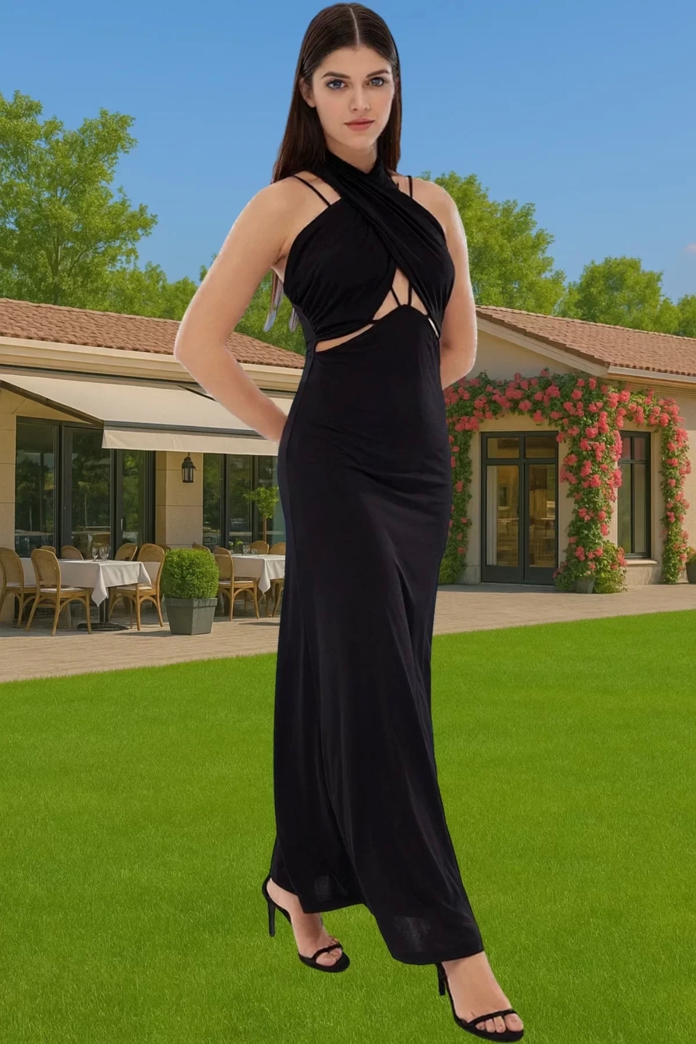 Halter Yaka Cut Out Detaylı Örme Abiye Elbise Polyester Yazlık Özel Tasarım Modern Stil Modern Stil