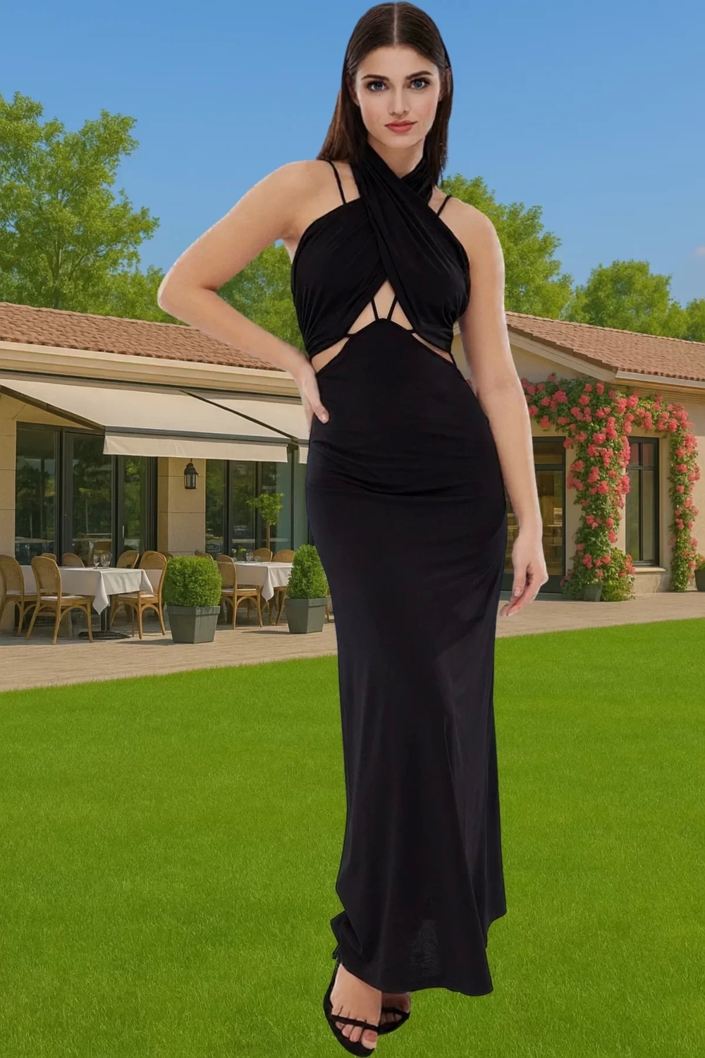 Halter Yaka Cut Out Detaylı Örme Abiye Elbise Polyester Yazlık Özel Tasarım Modern Stil Modern Stil