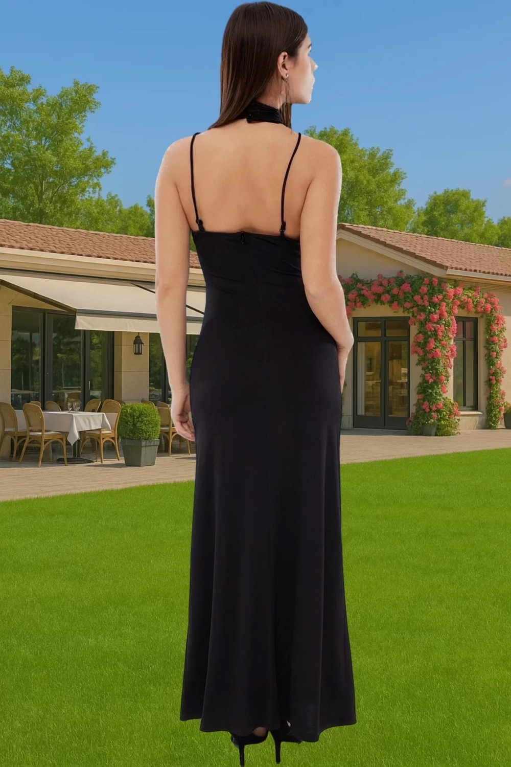 Halter Yaka Cut Out Detaylı Örme Abiye Elbise Polyester Yazlık Özel Tasarım Modern Stil Modern Stil