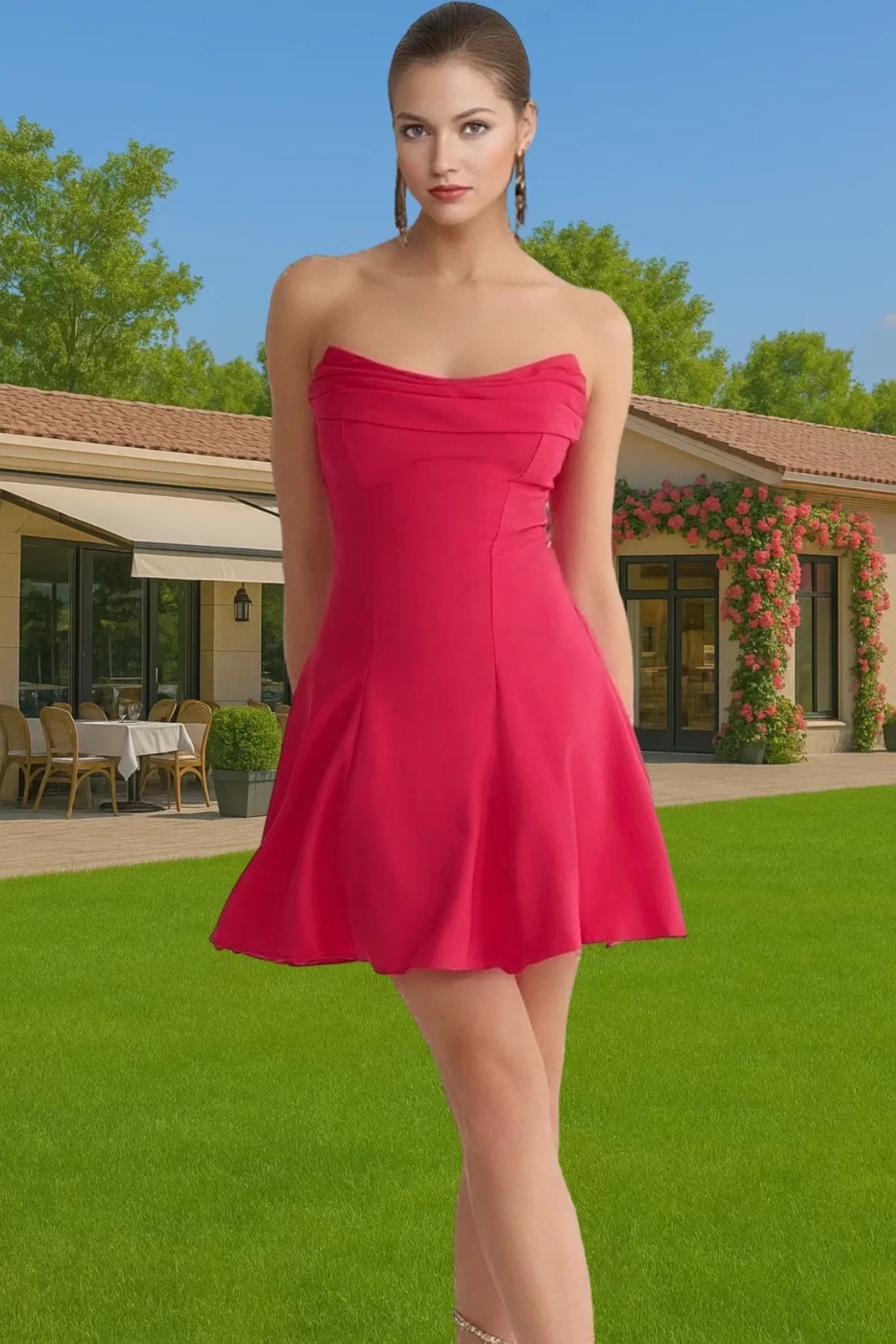 A Kesim Straplez Mini Dokuma Abiye Elbise Polyester Yazlık Kaliteli İşçilik Konforlu Kesim