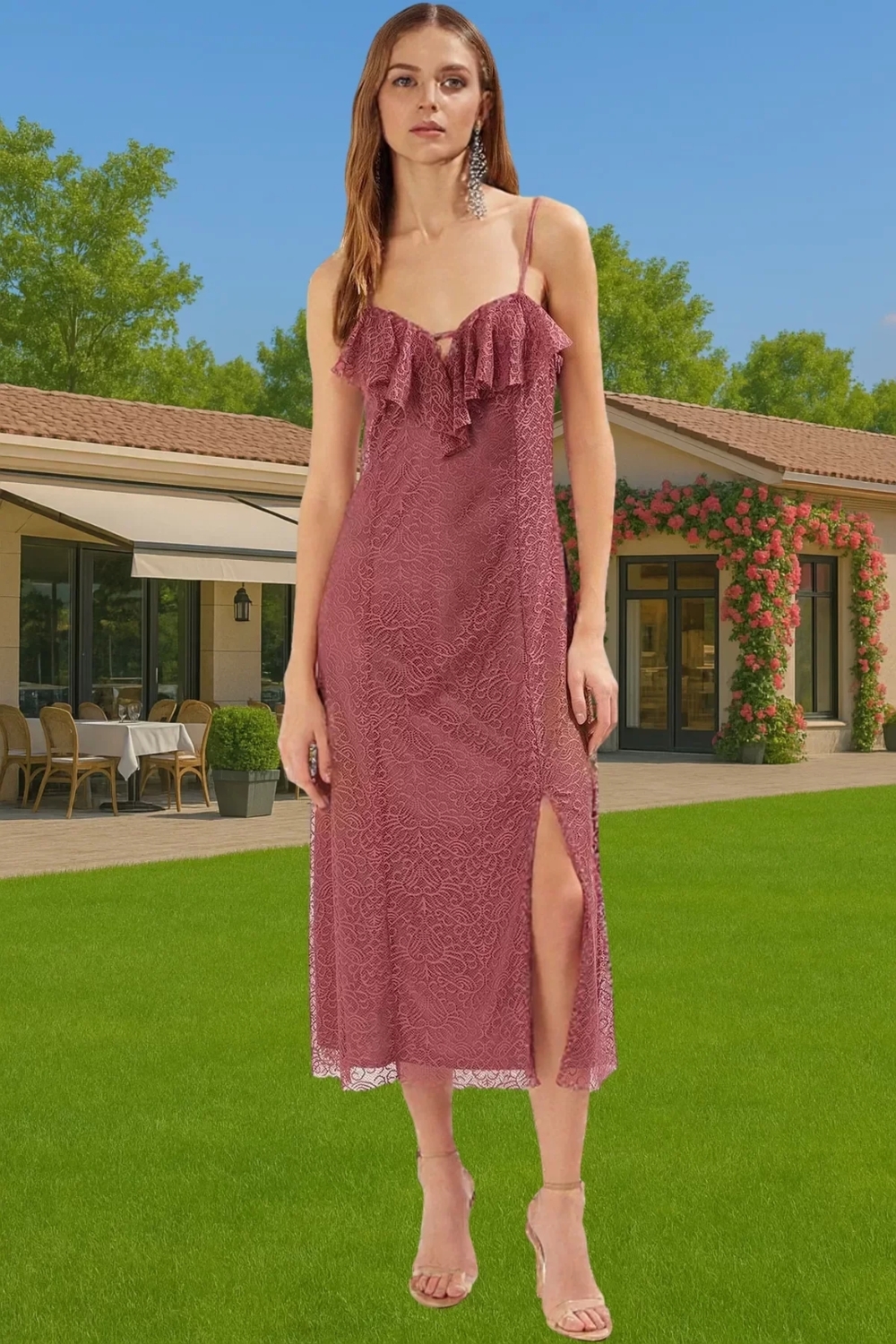 Astarlı Dantel Örme Midi Abiye Elbise Kalp Yaka Volan Detaylı Özel Tasarım Zarifane Tasarım