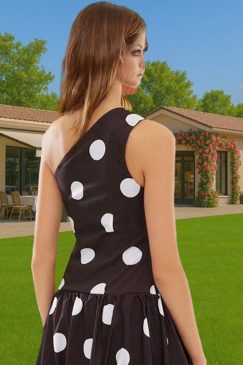 Şık Puantiyeli Poplin Mini Elbise Asimetrik Yaka Yazlık Balo Elbisesi Trend Tasarım Özenle Seçilmiş