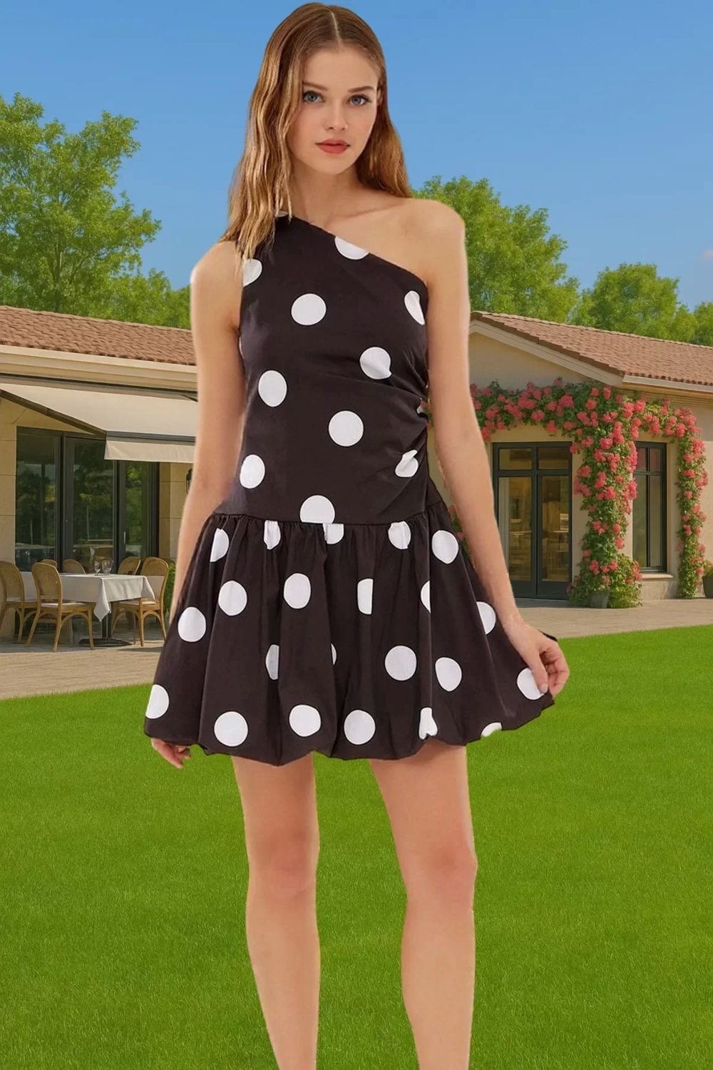 Şık Puantiyeli Poplin Mini Elbise Asimetrik Yaka Yazlık Balo Elbisesi Trend Tasarım Özenle Seçilmiş