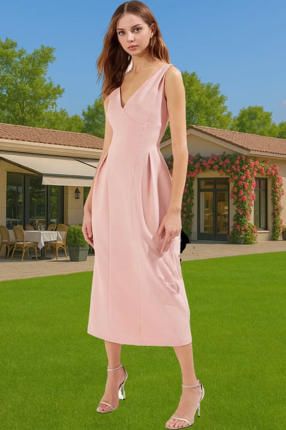 Şık A Kesim Midi Abiye Elbise Polyester Elastan Dokuma Kumaş Profesyonel Görünüm Modern Stil