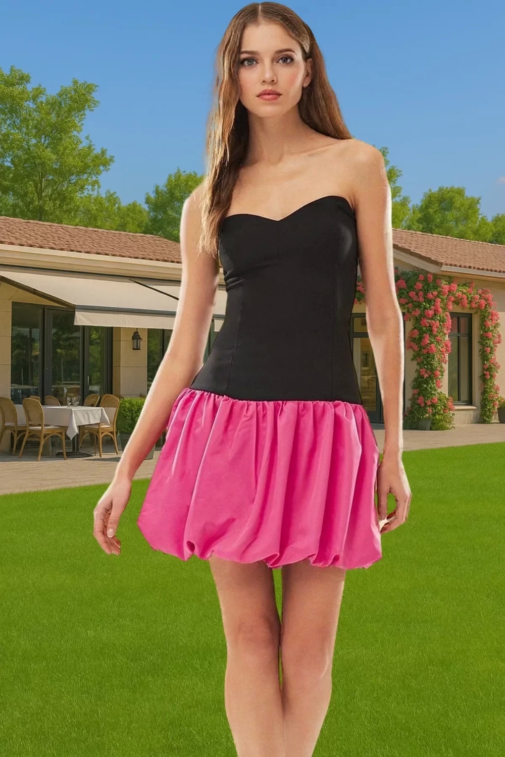 Straplez Mini Abiye Elbise Polyester Elastan Yazlık Yüksek Kalite Konforlu Kesim Özel Tasarım