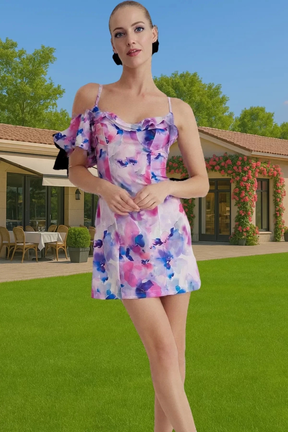Çiçek Desenli Mini Abiye Elbise Vücuda Oturan Poplin Kumaştan Dayanıklı Malzeme Şık Görünüm