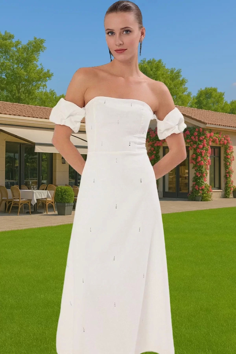 Şık Beyaz Midi Abiye Elbise Taş Detaylı Bodycon Yazlık Şık Görünüm Zarifane Tasarım Uzun Ömürlü