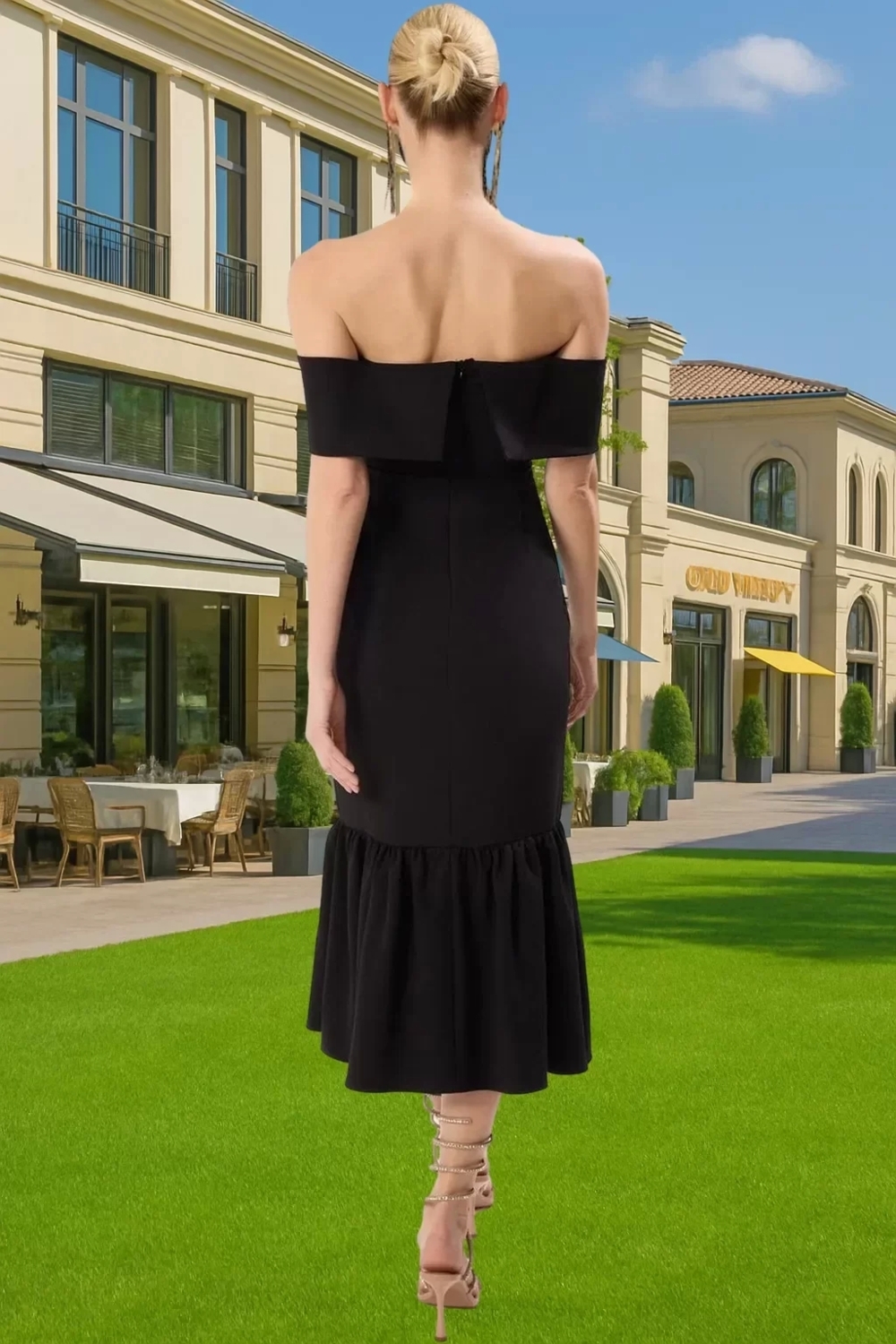 Midi Boy Carmen Yaka Fiyonklu A Kesim Abiye Elbise Polyester Elastan Profesyonel Görünüm