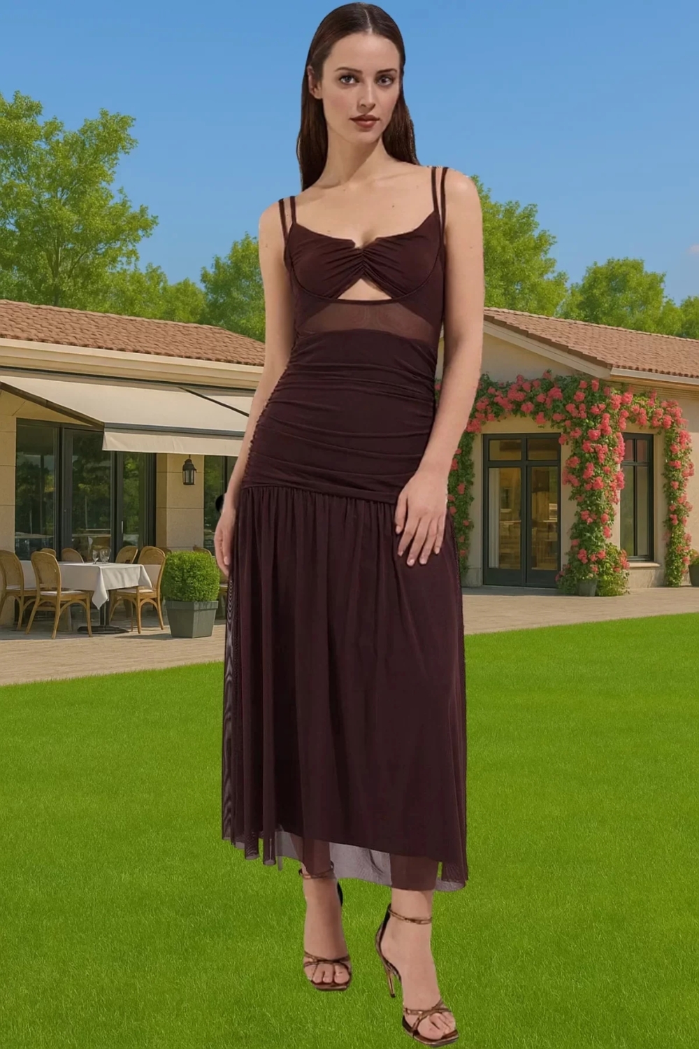 A Line V Yaka Tül Midi Abiye Elbise Örme Kumaş Yazlık Mezuniyet Trend Tasarım Zarifane Tasarım