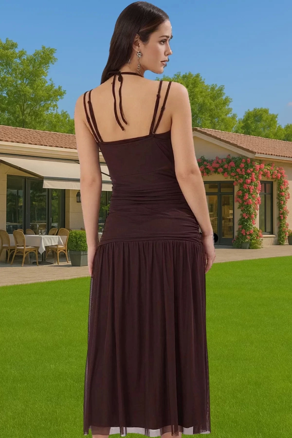 A Line V Yaka Tül Midi Abiye Elbise Örme Kumaş Yazlık Mezuniyet Trend Tasarım Zarifane Tasarım