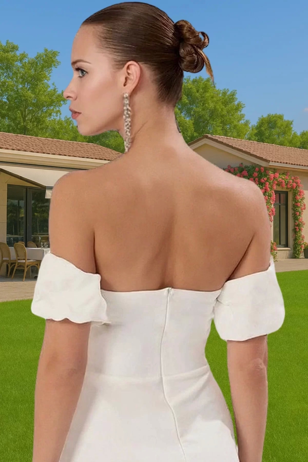 Şık Beyaz Midi Abiye Elbise Taş Detaylı Bodycon Yazlık Şık Görünüm Zarifane Tasarım Uzun Ömürlü