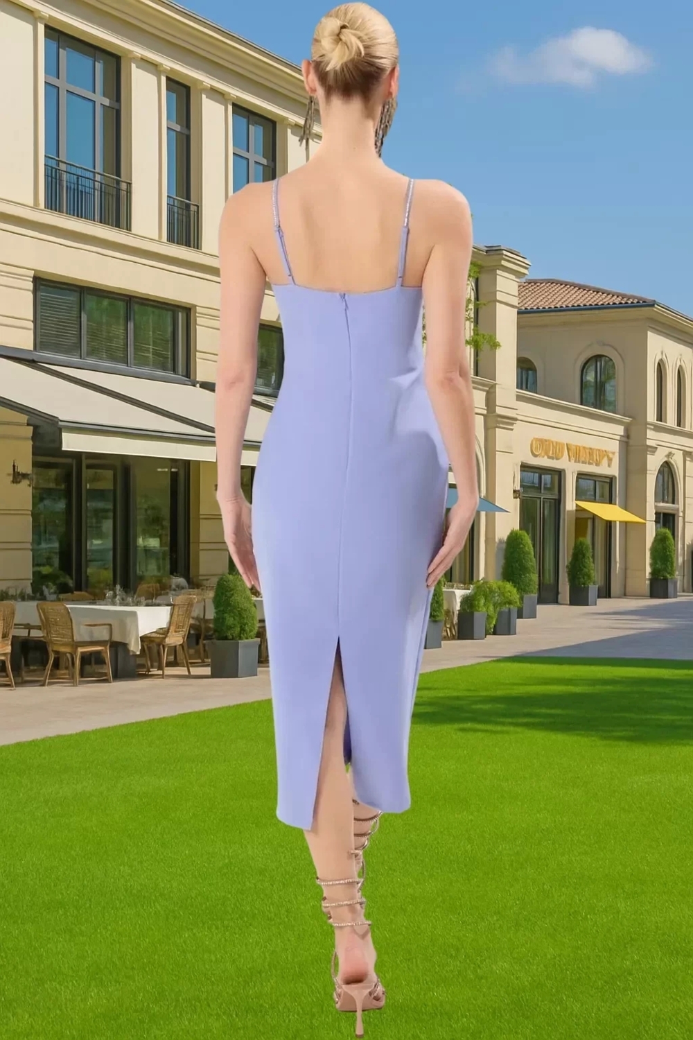 Taş Detaylı V Yaka Midi Abiye Elbise Polyester Dokuma Yazlık Şık Seçkin Malzeme Şık Görünüm