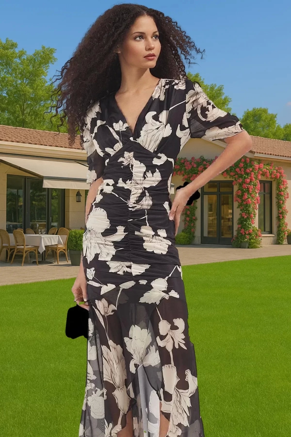 Şık Bodycon Maxi Elbise Örme Kumaş Çiçek Desenli V Yaka Trend Tasarım Kaliteli İşçilik
