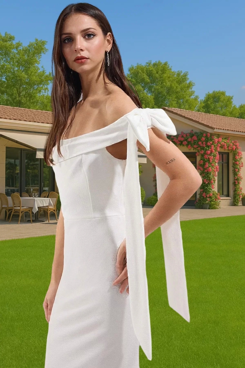 Omuz Fiyonklu Beyaz Bodycon Abiye Elbise Yazlık Maxi Krep Mükemmel Uyum Mükemmel Uyum Rahat Kullanım