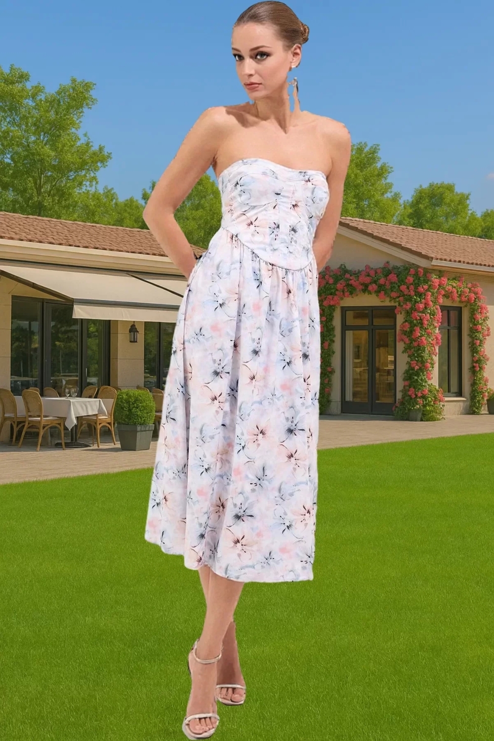 Midi Boy Poplin Abiye Elbise Çiçek Desenli Straplez Astarlı Şık Görünüm Premium Kalite Trend Tasarım