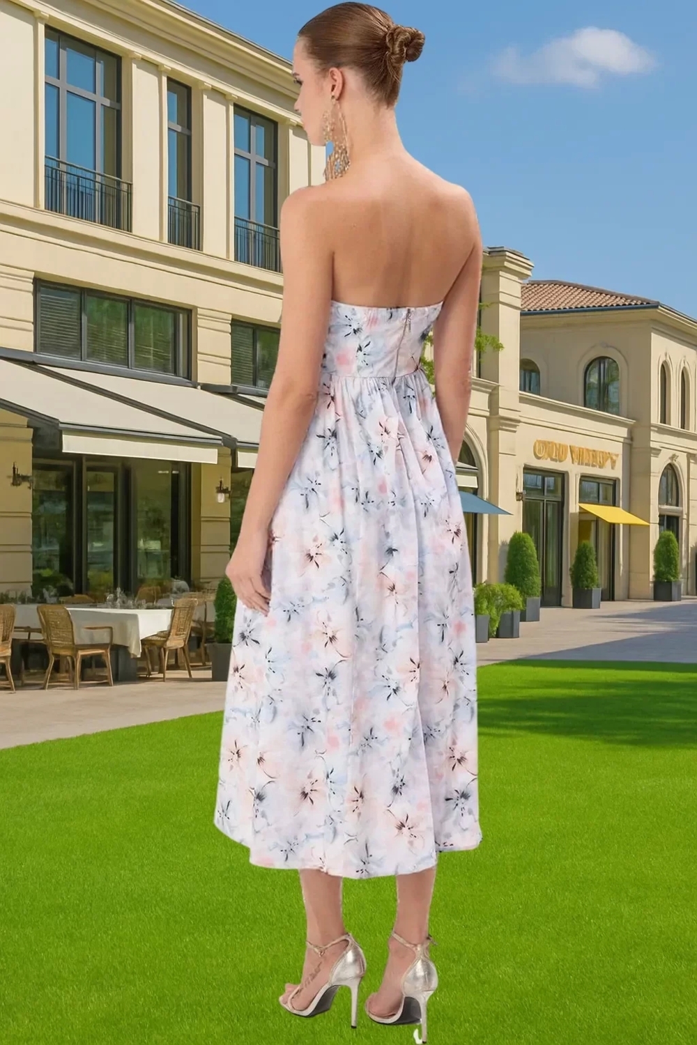 Midi Boy Poplin Abiye Elbise Çiçek Desenli Straplez Astarlı Şık Görünüm Premium Kalite Trend Tasarım