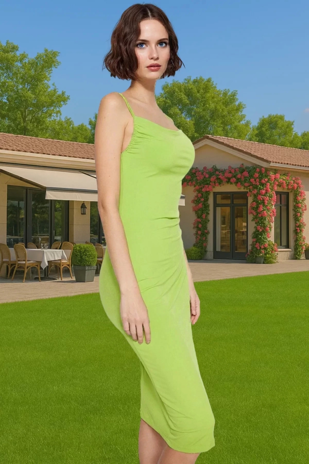 Vücudu Saran Şık Midi Boy Askılı Polyester Örme Elbise Özel Tasarım Seçkin Malzeme Yüksek Kalite