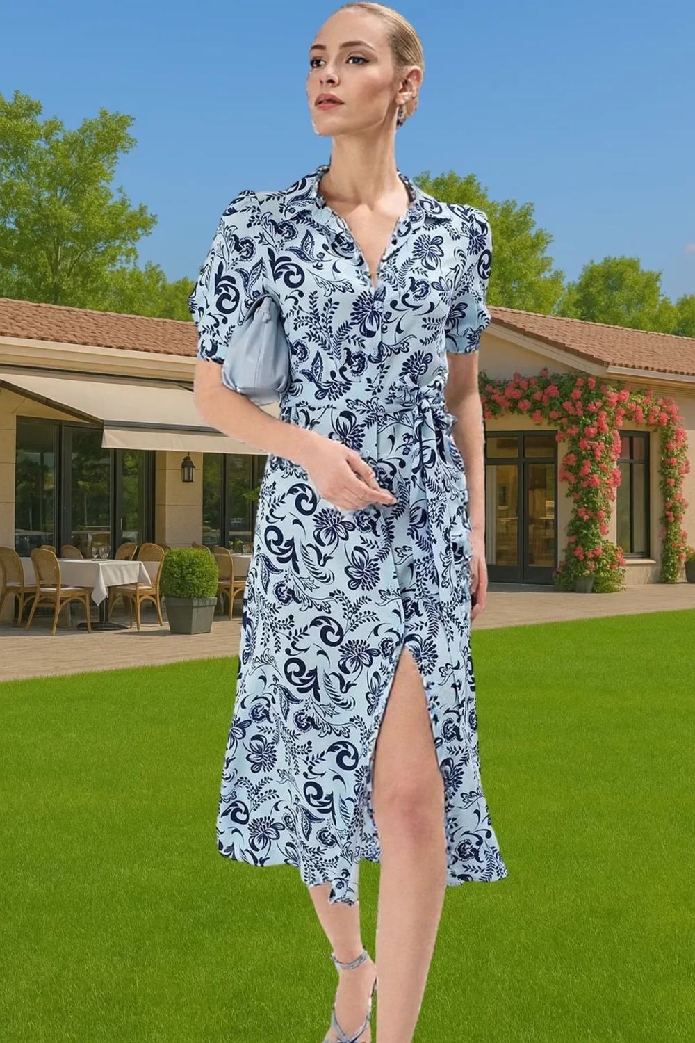 Moda Stil Regular Gömlek Yaka Midi Boy Desenli Kuşaklı Dokuma Viskon Gömlek Elbise