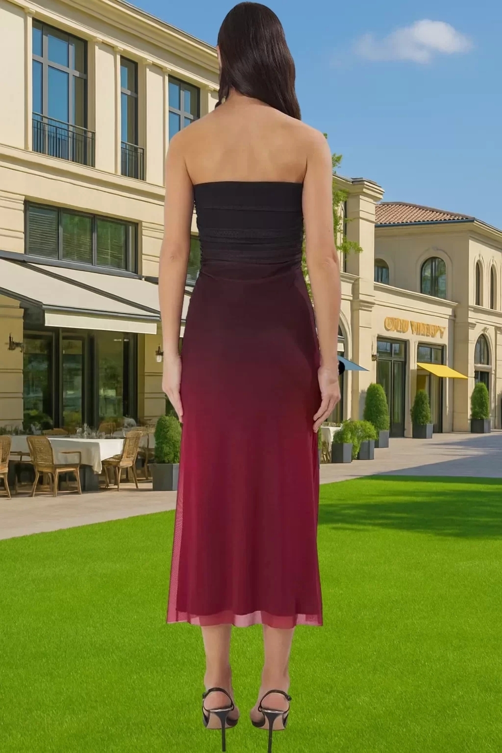 Straplez Örme Midi Elbise Astarlı Degrade Tül Kumaştan Yazlık Elbise Mükemmel Uyum Premium Kalite