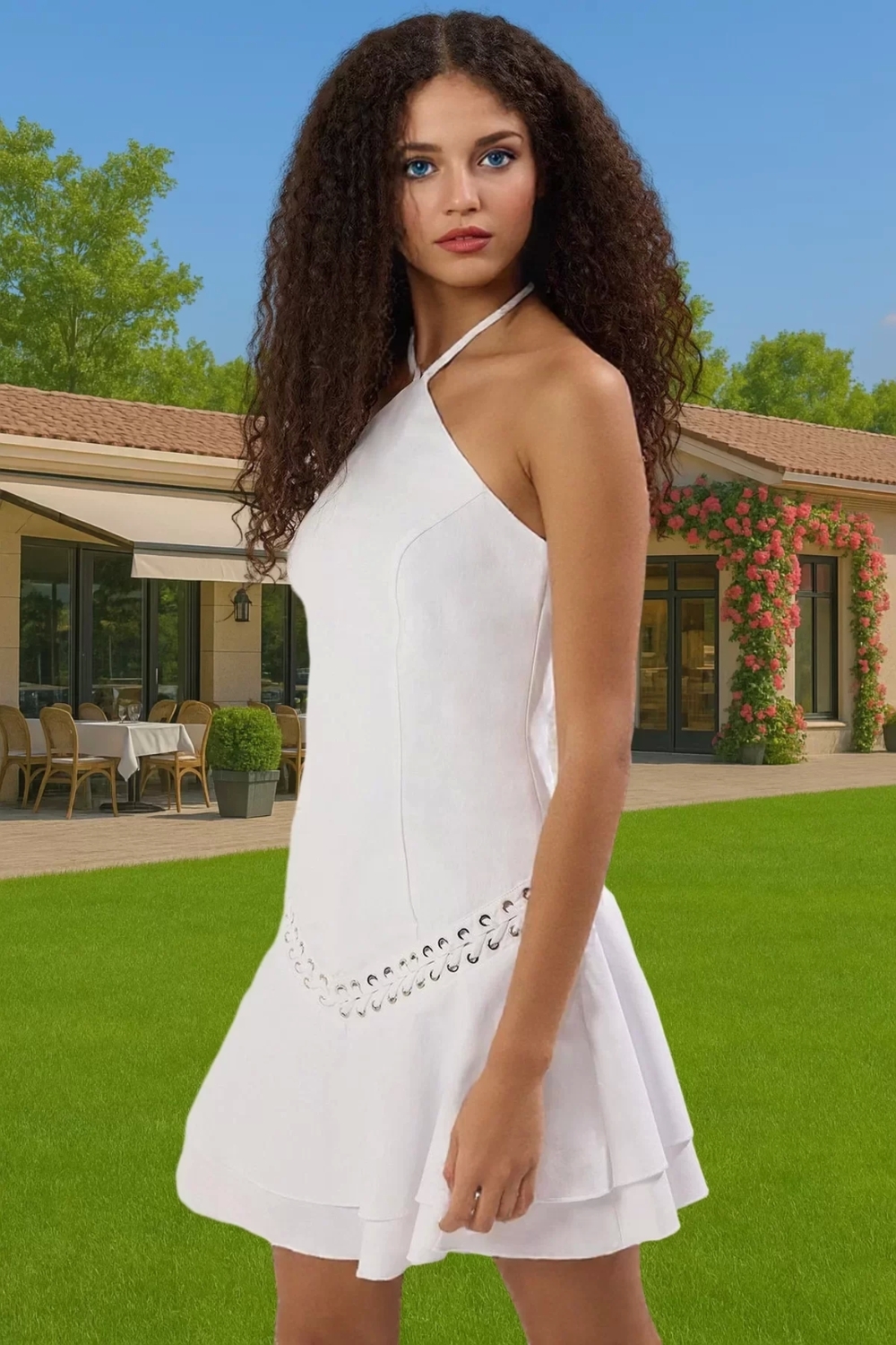 Şık Fırfırlı Poplin Mini Elbise Halter Yaka A Kesim Yazlık Trend Tasarım Rahat Kullanım Şık Görünüm