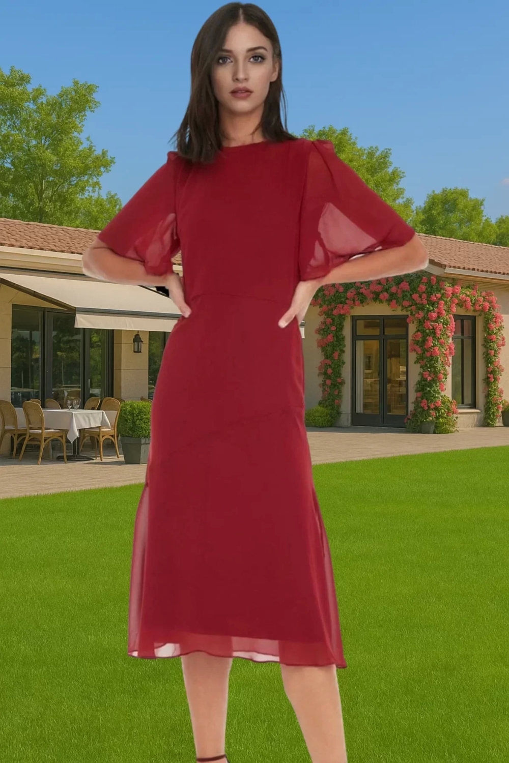 Astarlı Şifon Elbise A Kesim Midi Boy Polyester Yazlık Premium Kalite Özenle Seçilmiş Premium Kalite