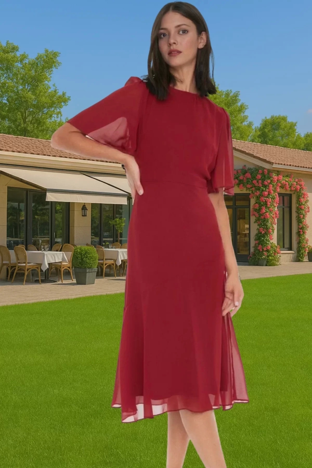 Astarlı Şifon Elbise A Kesim Midi Boy Polyester Yazlık Premium Kalite Özenle Seçilmiş Premium Kalite