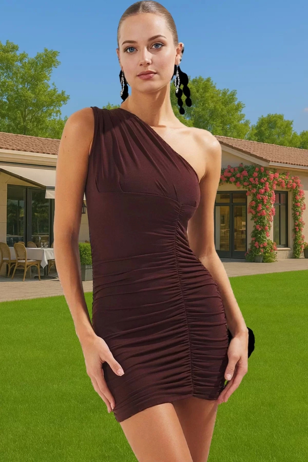Şık Tek Omuzlu Mini Elbise Polyester Kumaş Rahat Kalıp Rahat Ve Şık Şık Görünüm Trend Tasarım