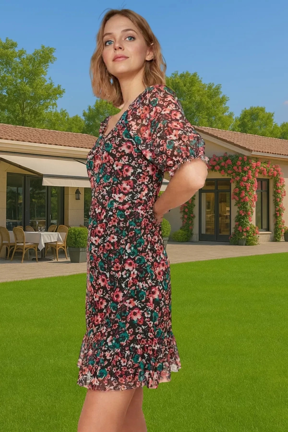 A line Kalp Yaka Kısa Kollu Tül Mini Elbise Polyester Kumaş Rahat Ve Şık Seçkin Malzeme Rahat Ve Şık