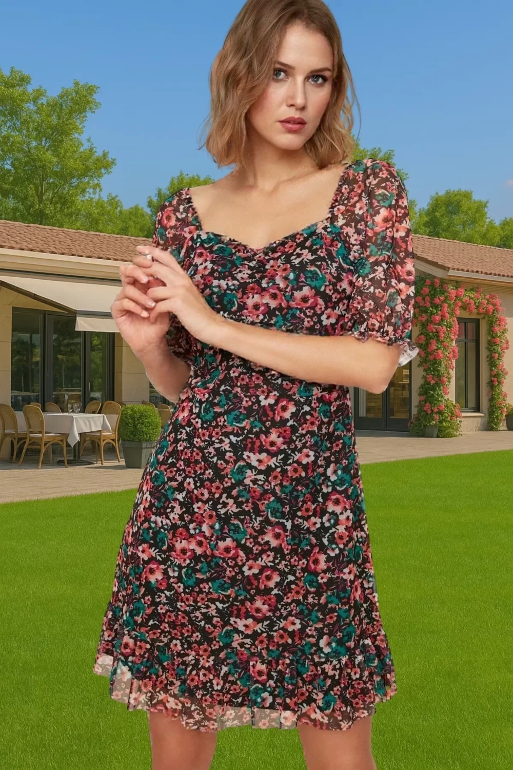A line Kalp Yaka Kısa Kollu Tül Mini Elbise Polyester Kumaş Rahat Ve Şık Seçkin Malzeme Rahat Ve Şık