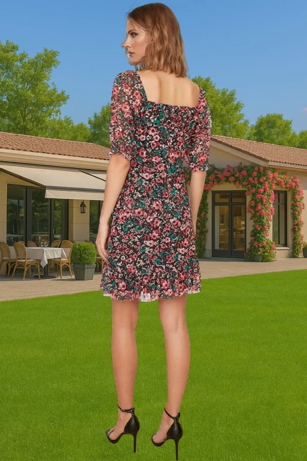 A line Kalp Yaka Kısa Kollu Tül Mini Elbise Polyester Kumaş Rahat Ve Şık Seçkin Malzeme Rahat Ve Şık
