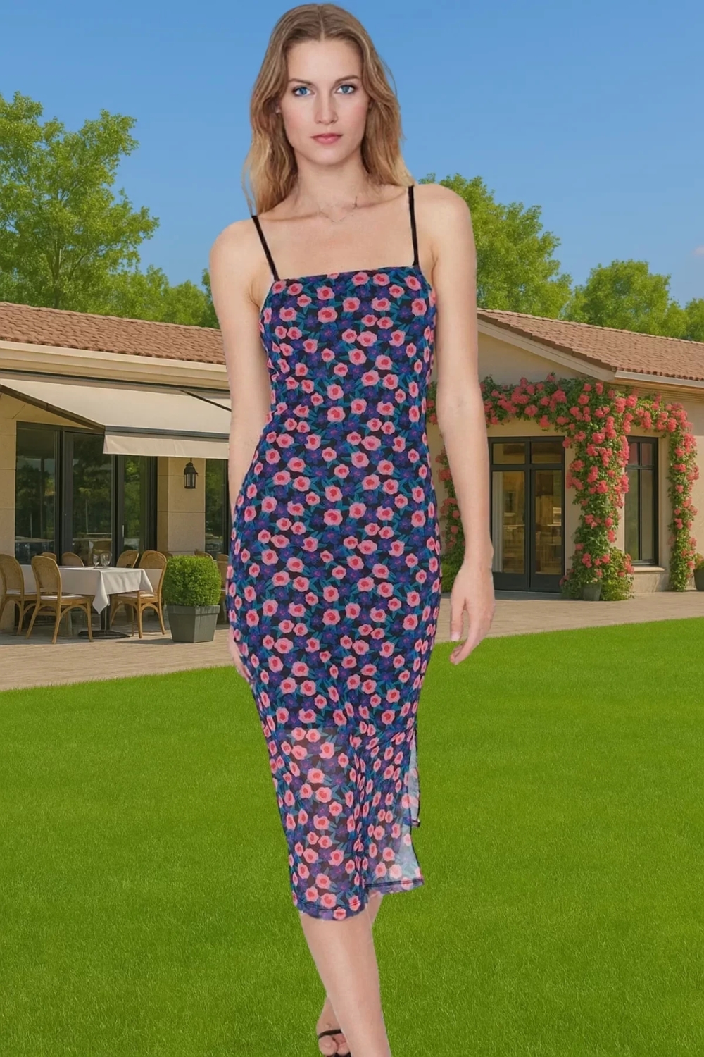 Esnek Bodycon Midi Elbise Kare Yaka Tül Kumaş Yazlık Kaliteli İşçilik Yüksek Kalite Premium Kalite