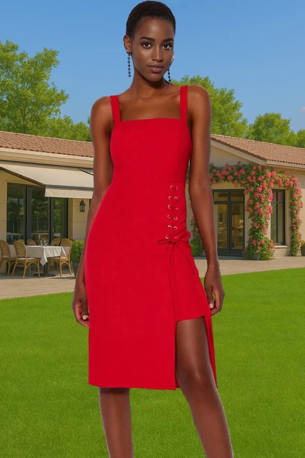 Şık Bodycon Midi Elbise Finike Dokuma Kare Yaka Yırtmaç Detayı Rahat Kesim Konforlu Kesim