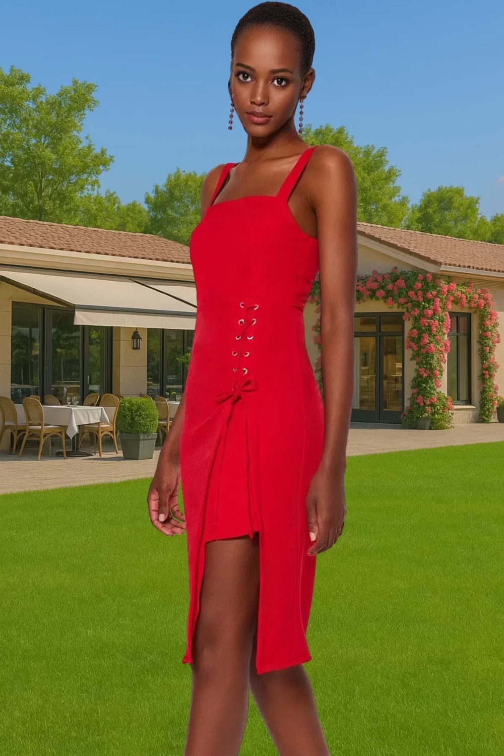 Şık Bodycon Midi Elbise Finike Dokuma Kare Yaka Yırtmaç Detayı Rahat Kesim Konforlu Kesim
